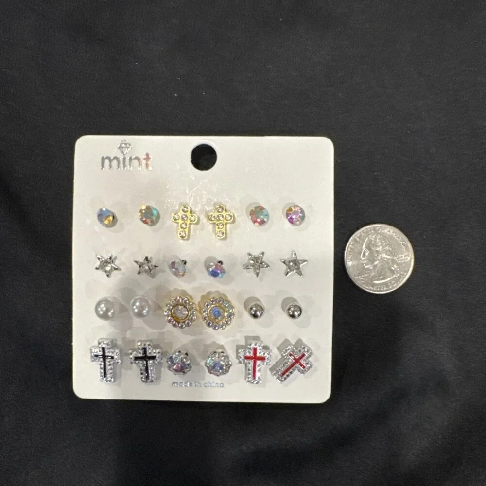 Mint 24 Pc Set Studs Faux Pearl Rhinestone Cross Bows Earrings MultiPack NEW